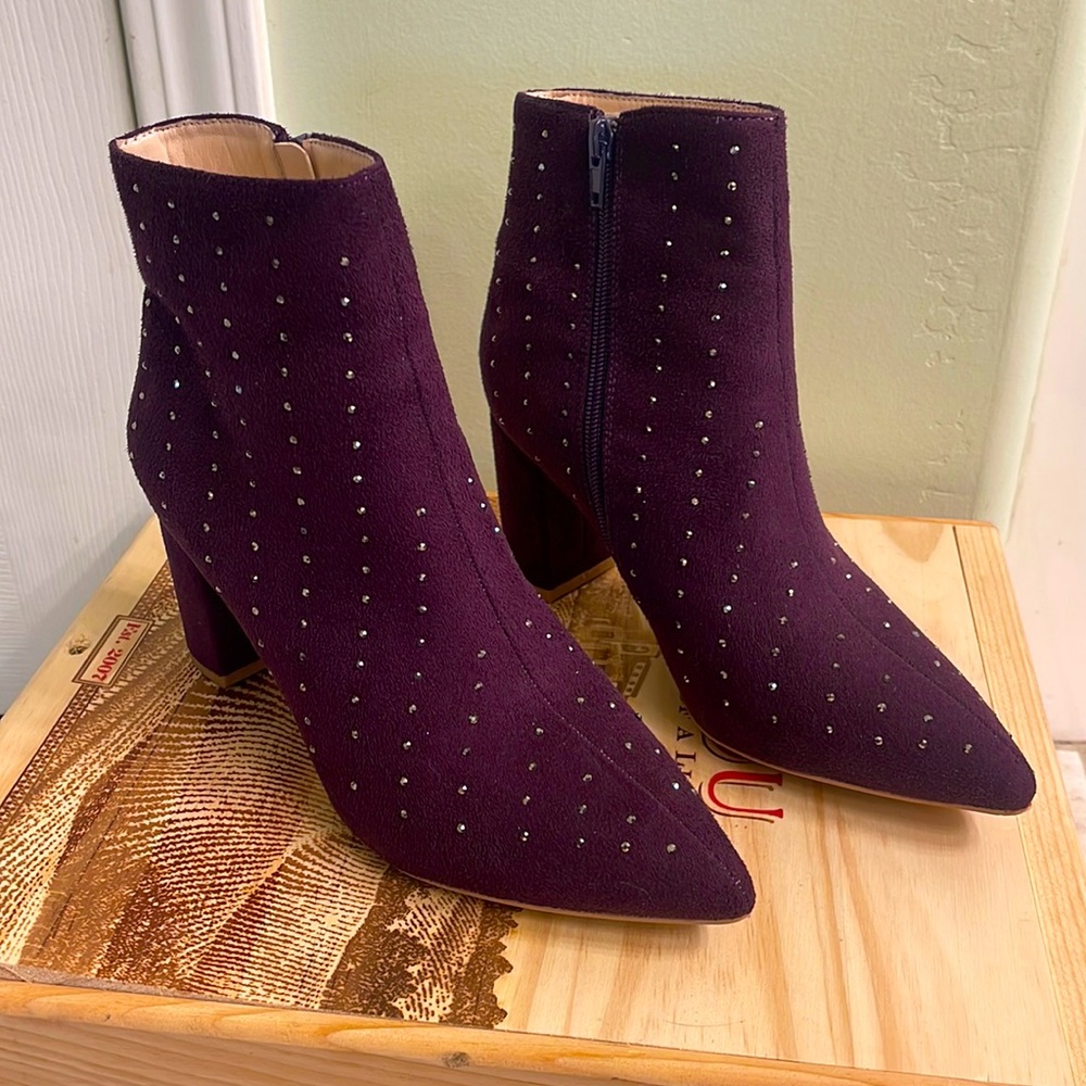 Purple suede Halston heeled pointy toe rhinestone boot